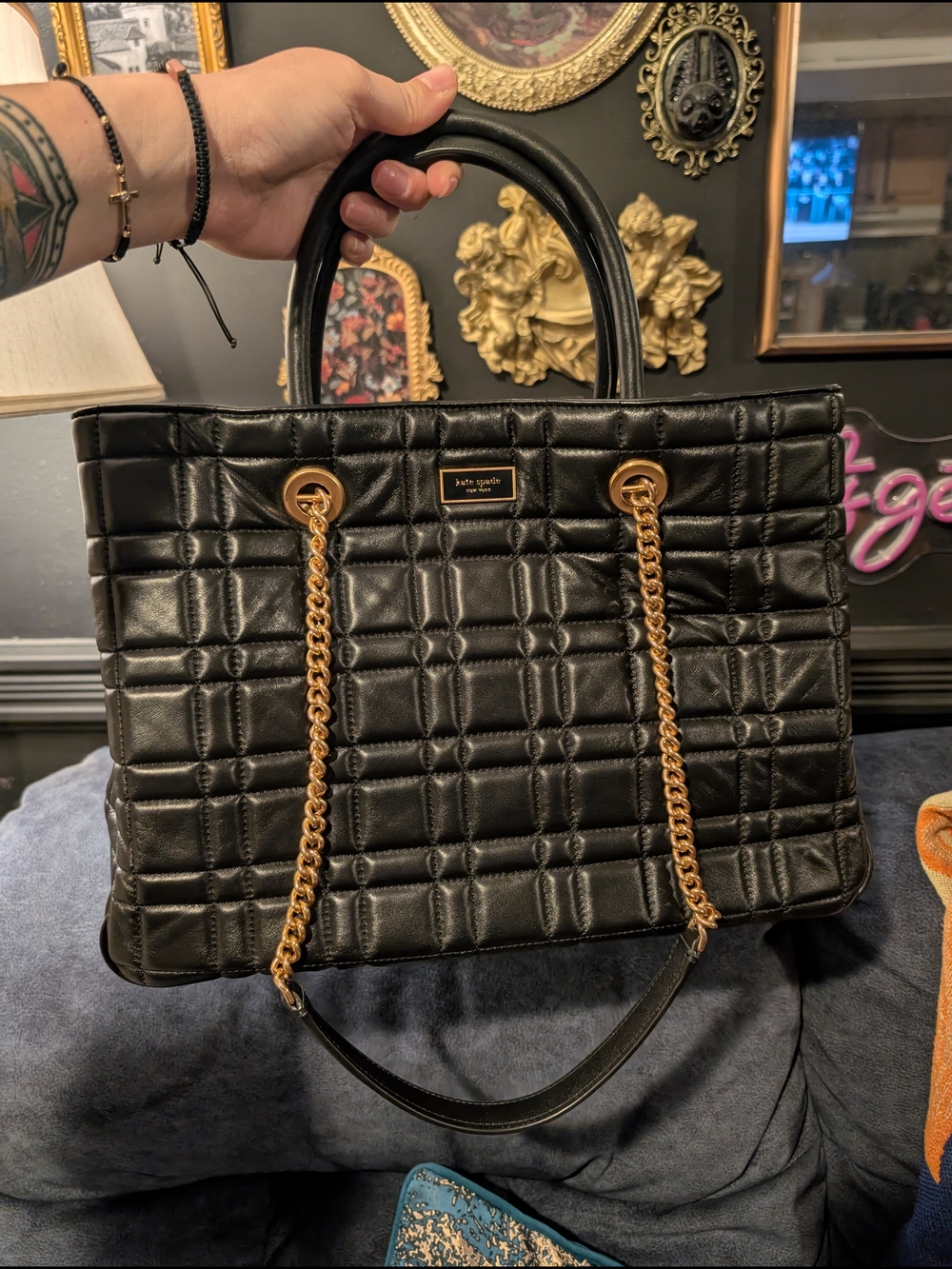 Kate Spade Quilted Chain-Handle Tote Bag in Black